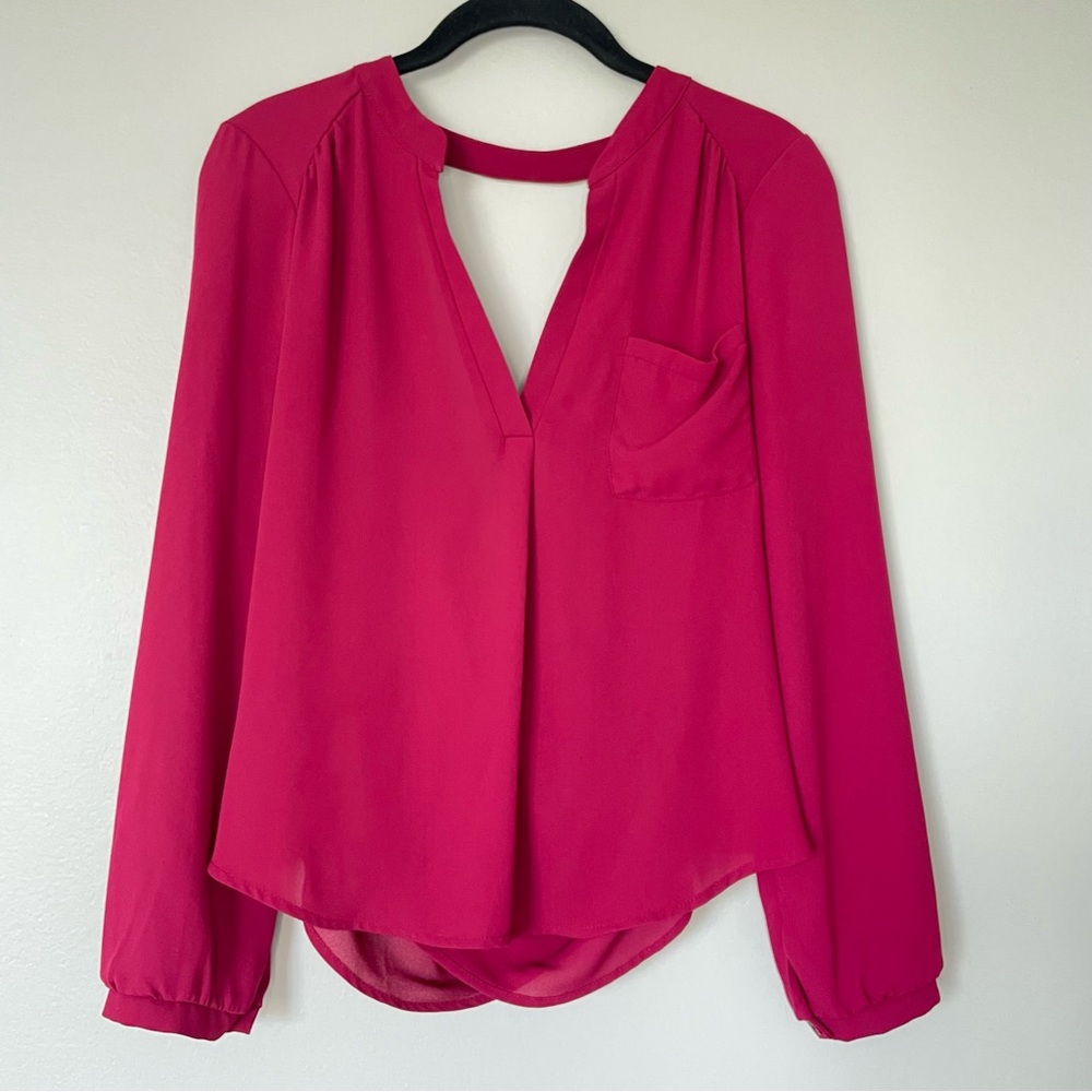 ASTR the Label Dark Pink Long Sleeve Open Back Sheer Blouse
